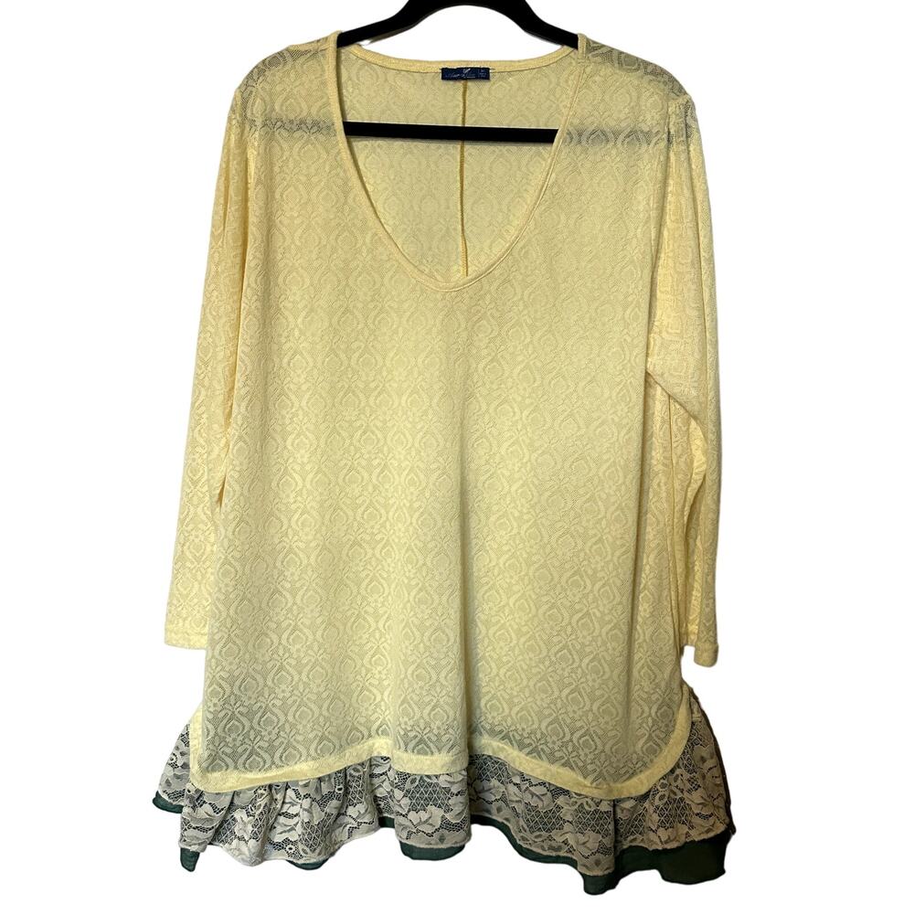 Aster Blue by Firmiana Women 3X Soft Light Yellow with Lace Ruffle Hem Detail